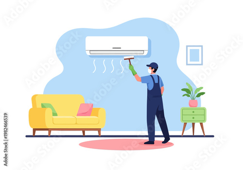 Professional technician cleaning an air conditioner unit in a living room