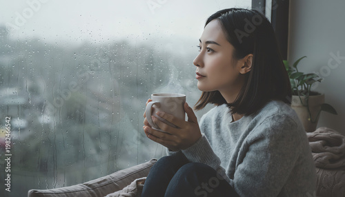 A woman in a gray sweater sits by a rainy window, holding a cup and gazing thoughtfully outside.