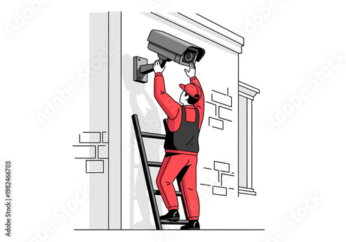 Technician installing security camera on building exterior using ladder for safety and surveillance