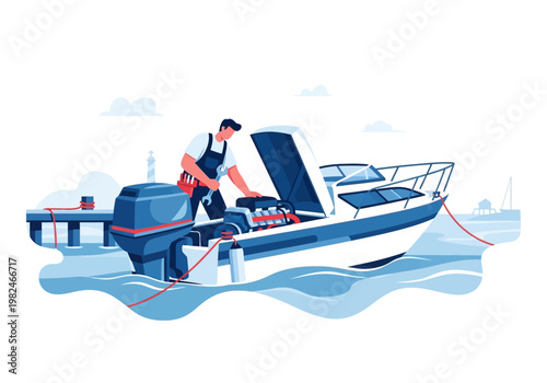 Marine Mechanic Performing Engine Repair on a Boat in the Water, Illustration