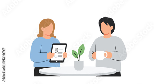 A woman shows a digital checklist on a tablet to a man holding a mug while sitting together at a small table with a potted plant.
