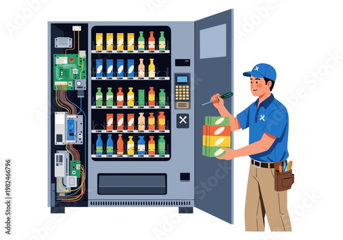 Vending Machine Technician Replenishing Drinks and Servicing Unit