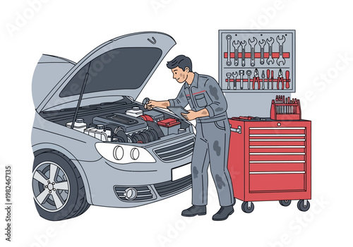 Mechanic working on car engine with tools and equipment in workshop