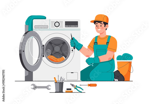 Technician fixing a washing machine with tools around an appliance repair service