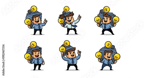 Businessman with idea light bulbs collection in various poses