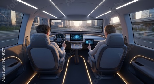 Man and woman in autonomous car, backseat view, urban drive. Futuristic vehicle interior and self-driving transport concept. Future of mobility.