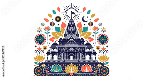Intricate Hindu Temple Illustration Featuring Detailed Traditional Architecture, Vibrant Floral Motifs, and Spiritual Symbols in a Decorative Vector Art Style