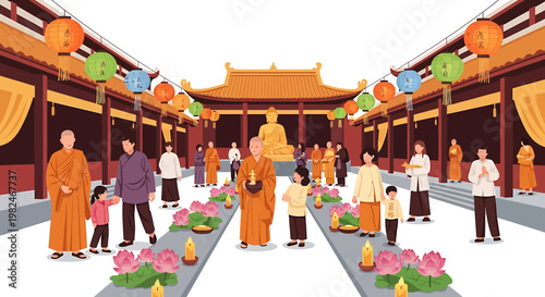 Buddhist temple festival celebration illustration, depicting monks, families, and devotees participating in a spiritual gathering with lanterns and lotus candles