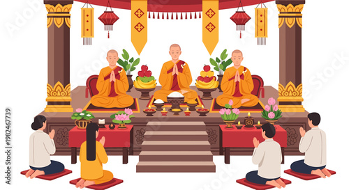 Illustrative Vesak depiction of a sacred Buddhist ritual, featuring three venerable monks and devoted laypeople participating in a solemn ceremony with offerings in a temple setting