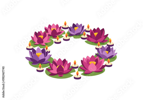 Circular arrangement of vibrant pink and purple lotus flowers, each illuminated by a flickering candle, creating a serene and decorative display symbolizing peace and beauty Vesak
