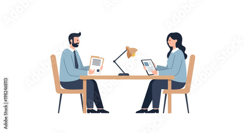 A man and a woman are sitting across from each other at a desk, reviewing documents during what looks like a professional job interview.