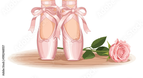 Ballet Pointe Shoes with Pink Rose on Wooden Surface