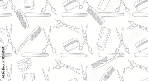 Barber Tools Seamless Pattern: Scissors, Comb, Razor, Clippers - Sketch Style