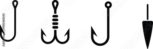 Fishing hooks set line art illustration tackle equipment angling tools sharp hooks bait fishing gear collection minimal outline design