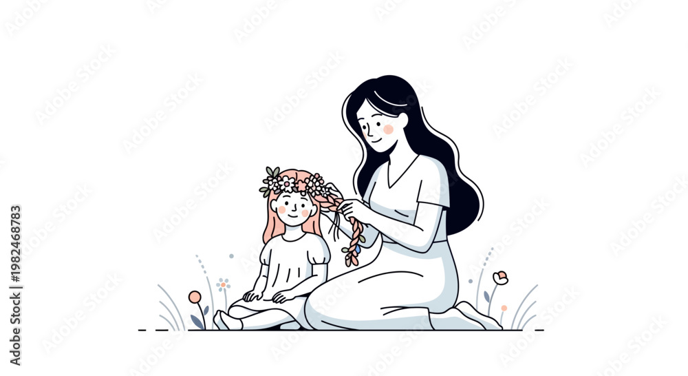 Obraz premium Vector illustration mother braids daughter's hair with a flower crown. A tender scene symbolizing maternal love, childhood joy, and family bonding