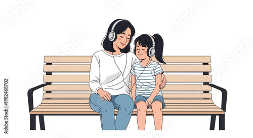 Mother and daughter sharing headphones, listening to music on a park bench. A heartwarming Vector illustration of family bonding