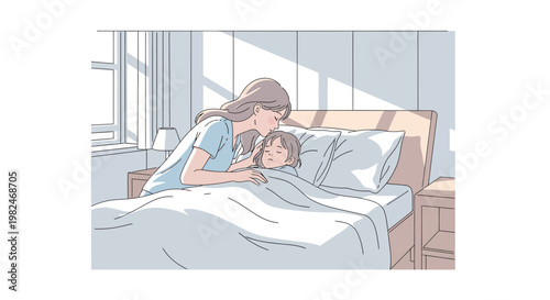 Vector illustration capturing a tender mother gently tucking her young child into bed for a peaceful night's sleep, a heartwarming scene of care and love and home comfort