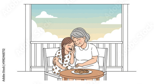 A heartwarming vector illustration capturing the tender bond between a cheerful grandmother and her joyful granddaughter sharing precious moments on a sunny balcony