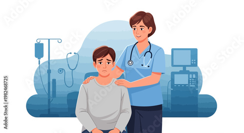 Vector illustration depicting a compassionate female nurse offering comfort and support to a young male patient in a modern hospital setting, symbolizing essential healthcare and empathy