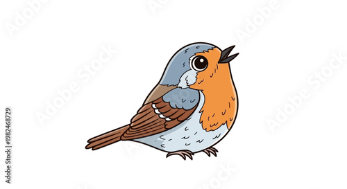 A cute cartoon illustration of a wild brown robin bird with a feather wing and beak perched on a tree branch in a nature design vector art style