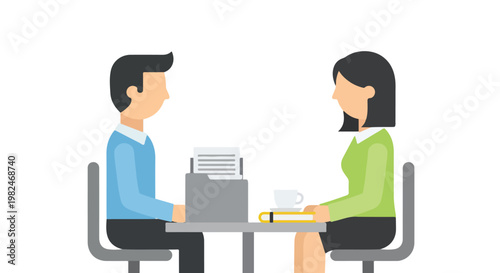 A man and a woman sit facing each other at a table for a formal meeting or job interview, with a folder and cup between them.