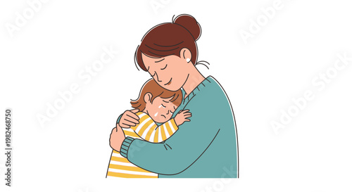Vector illustration Loving mother embracing crying child, offering comfort and emotional support, symbolizing maternal care and family bond