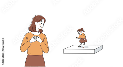 Heartwarming vector illustration depicting a proud mother watching her young daughter play on a small stage, capturing a cherished moment of childhood joy and maternal affection
