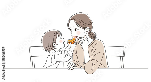 Vector illustration of a heartwarming scene a child playfully feeds a snack to their mother, symbolizing love, family bonds, and shared happiness