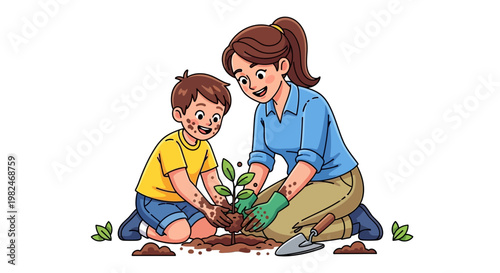 Vector illustration of a loving mother and her child happily planting a young seedling in the garden, teaching environmental care and family bonding activity