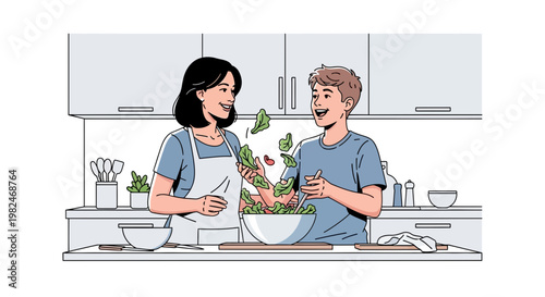 Happy couple preparing a fresh healthy salad together in a modern kitchen, showcasing a joyful home cooking experience. Vector illustration