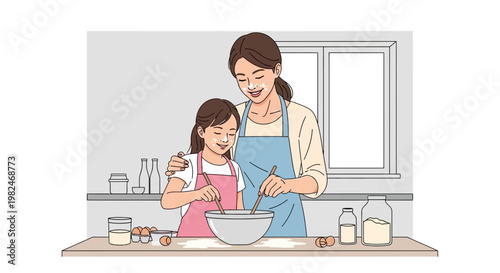 Delightful Vector illustration of a happy mother and daughter baking together in a warm kitchen, stirring ingredients and creating cherished family memories with homemade treats