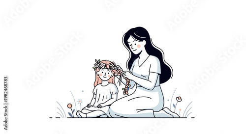 Vector illustration mother braids daughter's hair with a flower crown. A tender scene symbolizing maternal love, childhood joy, and family bonding