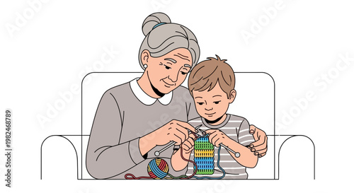 Warm intergenerational moment A loving grandmother teaches her eager grandson the art of knitting, a cozy craft. Vector illustration capturing family bond