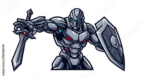 Futuristic 3d vector illustration of a black dragon head and a cyborg knight warrior in metal armor with a medieval sword isolated on scifi space background