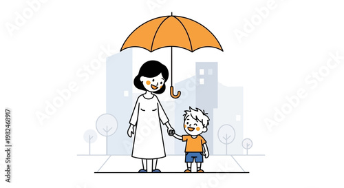 A heartwarming vector illustration of a loving mother sheltering her child with an umbrella, symbolizing protection and care on a city street
