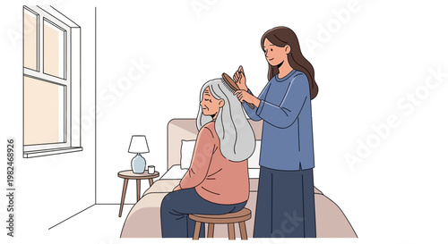 Vector illustration of a young woman tenderly brushing the hair of an elderly senior in a peaceful bedroom, symbolizing care and family support