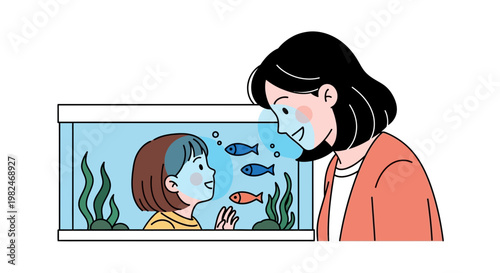 Vivid vector illustration of a curious child observing colorful fish within an aquarium, with an adult watching attentively, highlighting family interaction and the joy of discovery