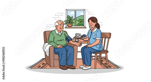 A thoughtful nurse provides at-home medical care, meticulously checking an elderly man's blood pressure for health management. Vector illustration of senior healthcare