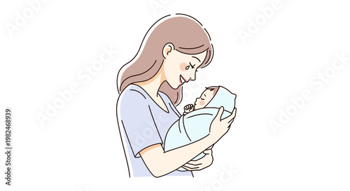 A heartwarming Vector illustration of a loving mother tenderly embracing her newborn baby, radiating maternal joy, affection, and beautiful family life
