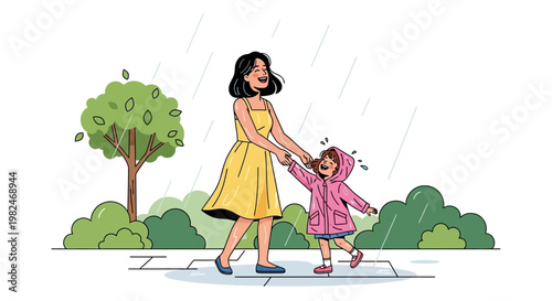 Cheerful mother and daughter enjoy a happy walk in the gentle rain outdoors, a beautiful vector illustration capturing a moment of family joy and childhood wonder