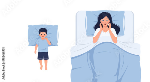 Vector illustration of a tranquil morning scene with a child waking up and a woman peacefully resting in bed, emphasizing sleep and daily routines