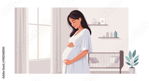 A serene expectant mother gently holds her baby bump in a cozy nursery, symbolizing the journey of motherhood. Vector illustration of new life and maternal care