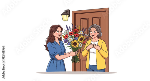 Vector illustration Young woman gives vibrant flowers to an older woman at her doorway, symbolizing appreciation, warmth, and a kind intergenerational gesture