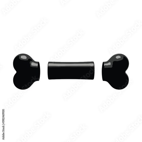 Black rubber dog chew toy with dumbbell shape and connector