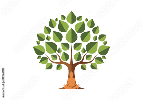 Peaceful meditation under a vibrant green tree, a serene illustration symbolizing spiritual growth, mindfulness, harmony, and connection with the natural world
