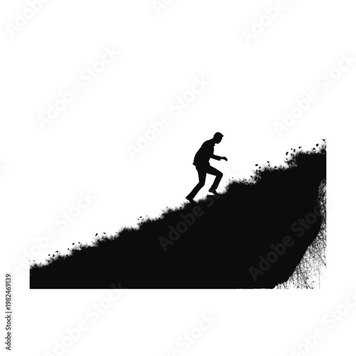Silhouette of a lone individual ascending a dark, textured incline against a stark white background, symbolizing struggle and upward momentum towards an unknown destination.
