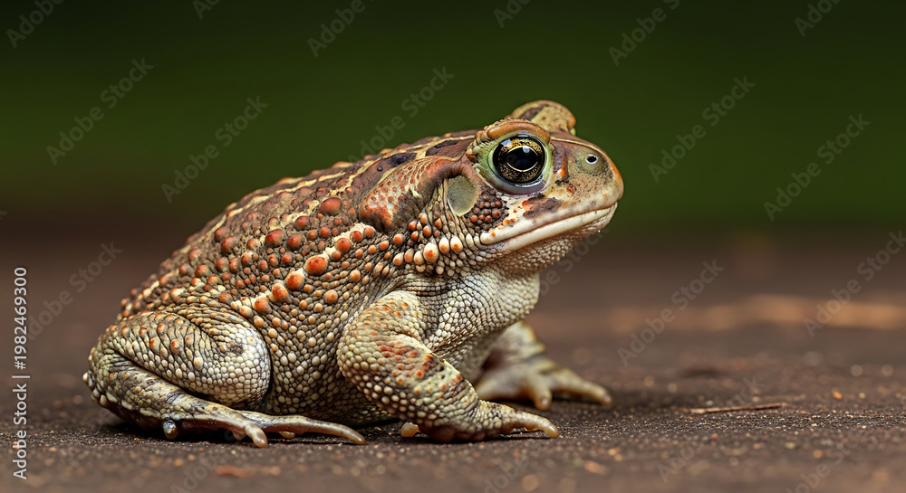Fototapeta premium A colorful toad sitting on ground.