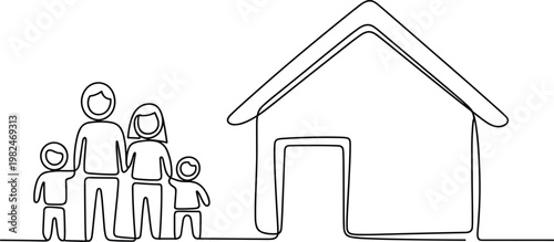Family home illustration, parents with children standing near house, minimalist line art style, real estate concept, happy family, domestic life