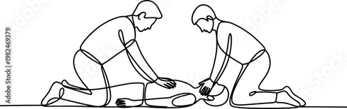 CPR training rescue line art illustration emergency first aid lifesaving procedure chest compression medical support teamwork healthcare safety