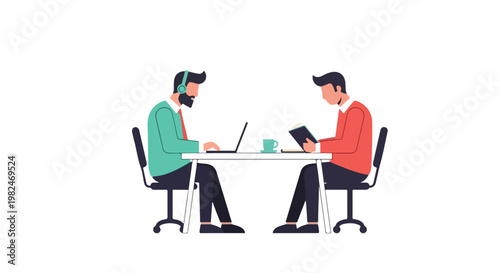 Two men are sitting at a table in a minimalist flat vector style; one works on a laptop with headphones, while the other reads a book.